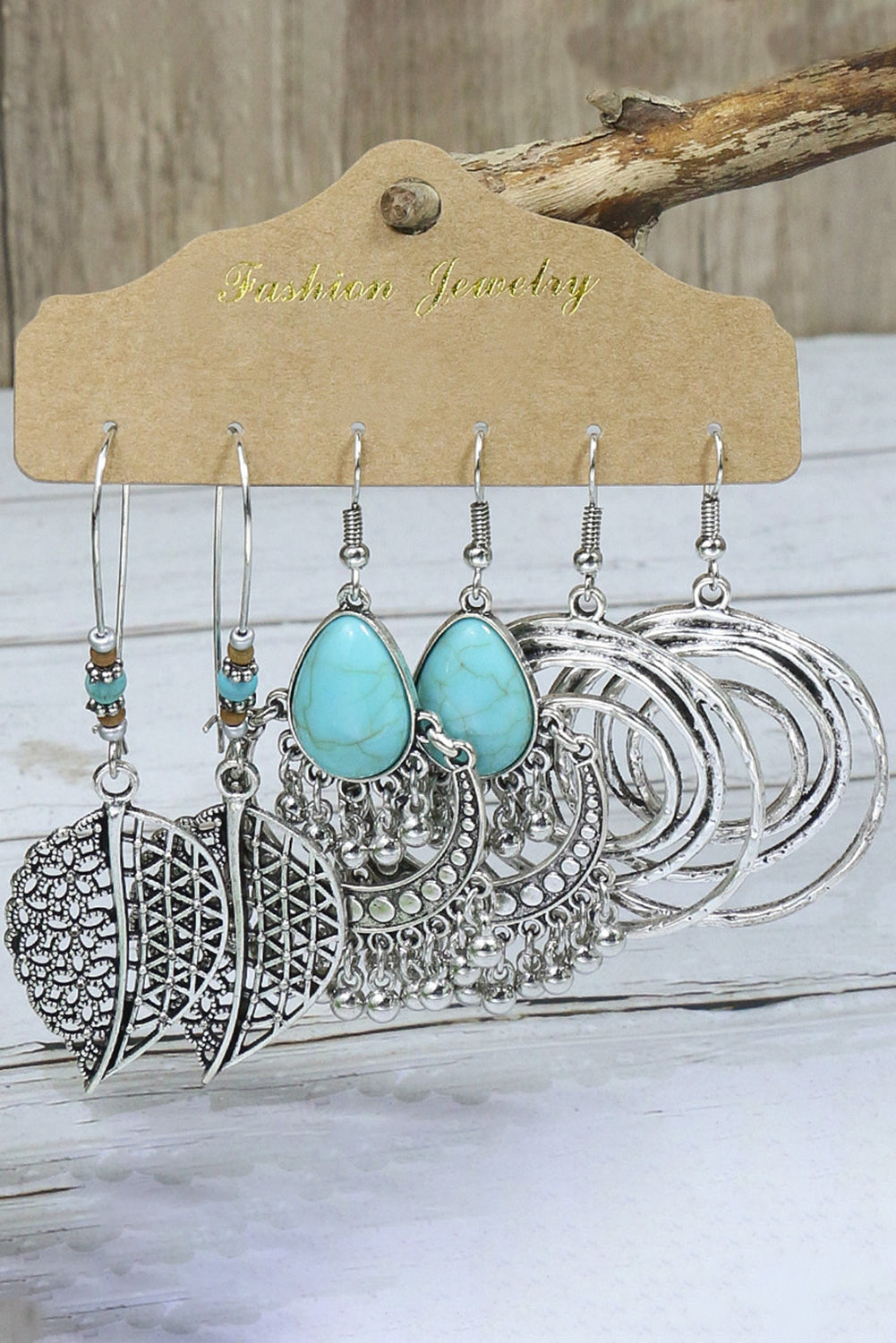 Silver Boho Turquoise Leaves Drop Earrings Set Jewelry JT's Designer Fashion