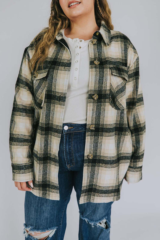 Black Red Plus Size Plaid Flap Chest Pocket Shacket Plus Size JT's Designer Fashion