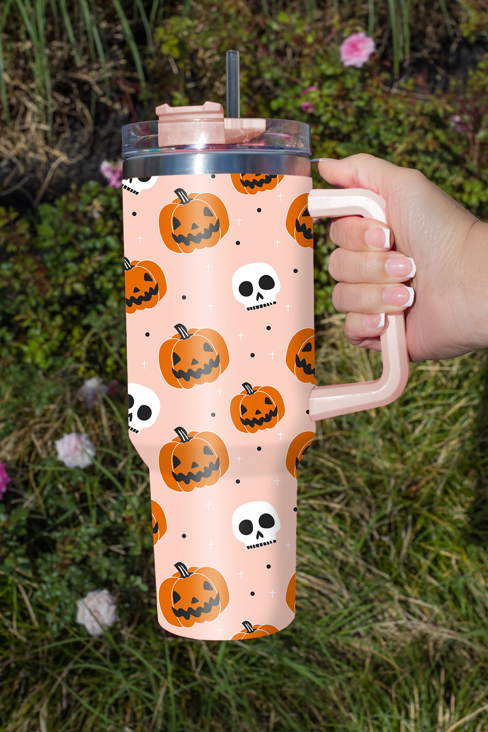 Orange Halloween Pumpkin Skull Print Handle Straw Tumbler Tumblers JT's Designer Fashion