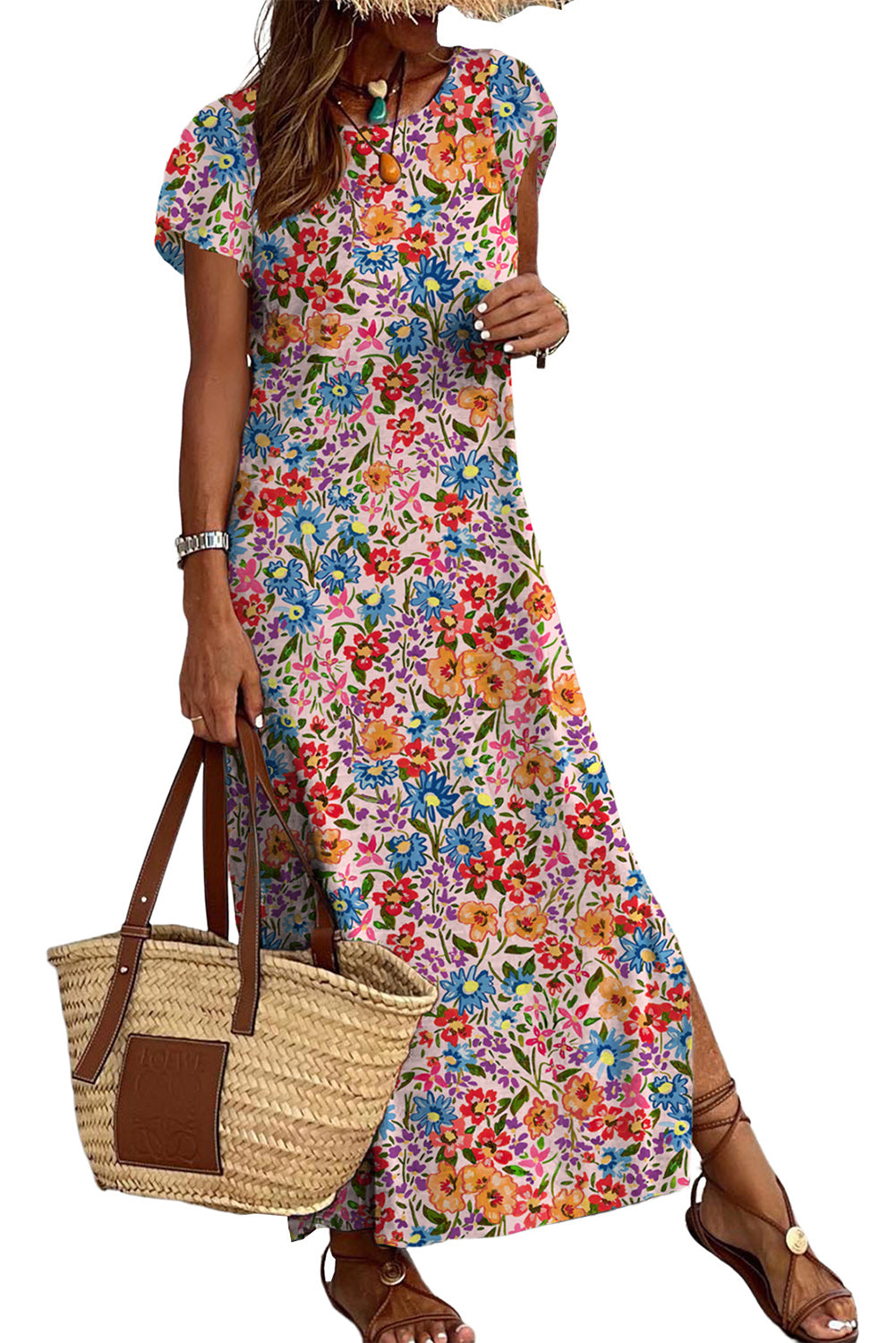 Multicolor Long Floral Print Short Sleeve Holiday Dress Floral Dresses JT's Designer Fashion