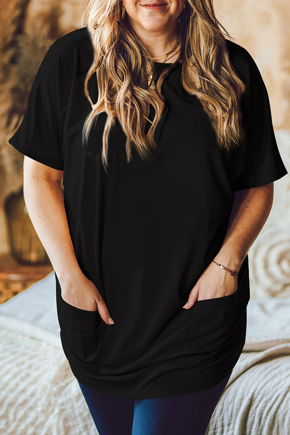 Black Side Pockets Short Sleeve Tunic Length Plus Size T Shirt Plus Size Tops JT's Designer Fashion