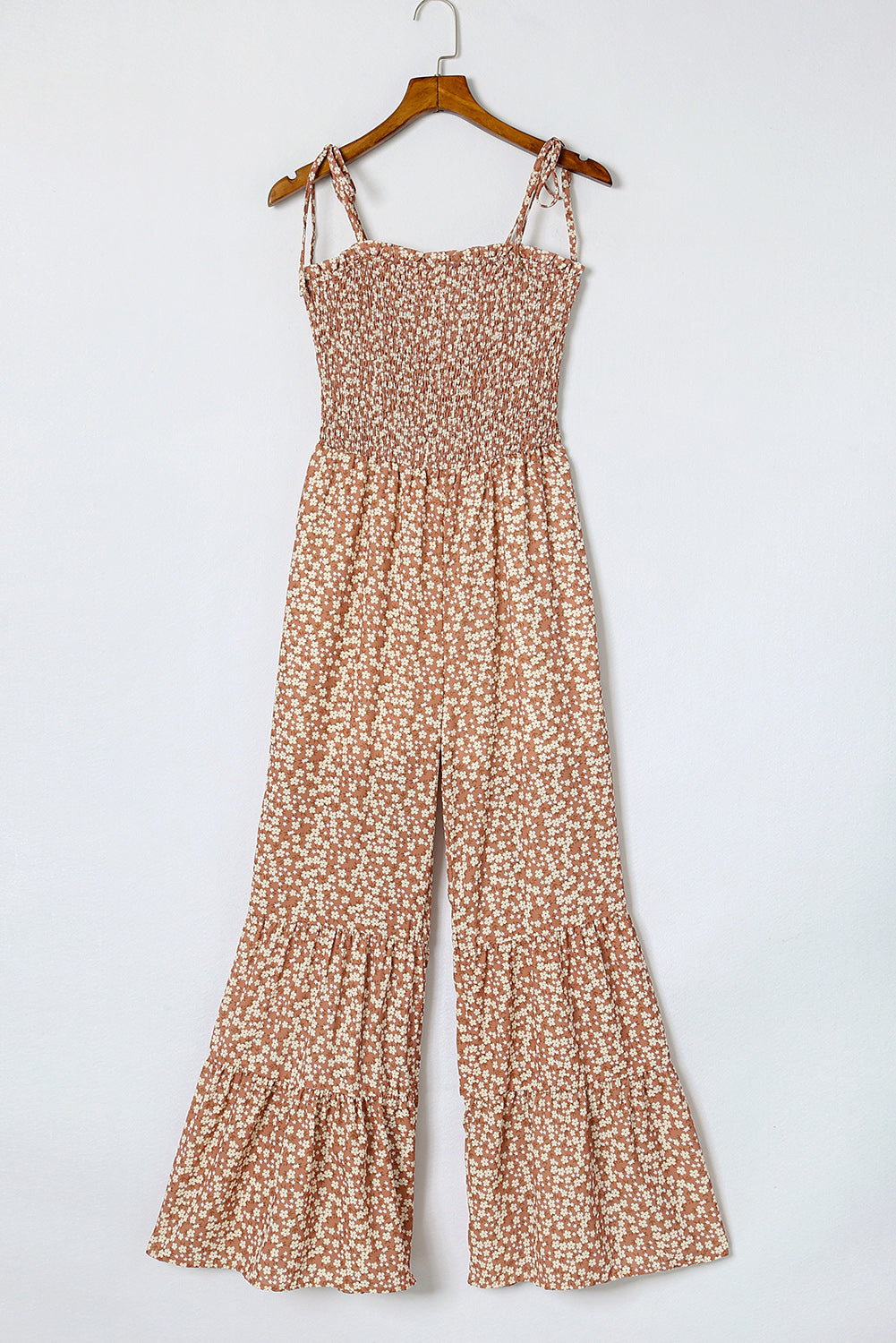 Khaki Thin Straps Smocked Bodice Wide Leg Floral Jumpsuit Jumpsuits & Rompers JT's Designer Fashion