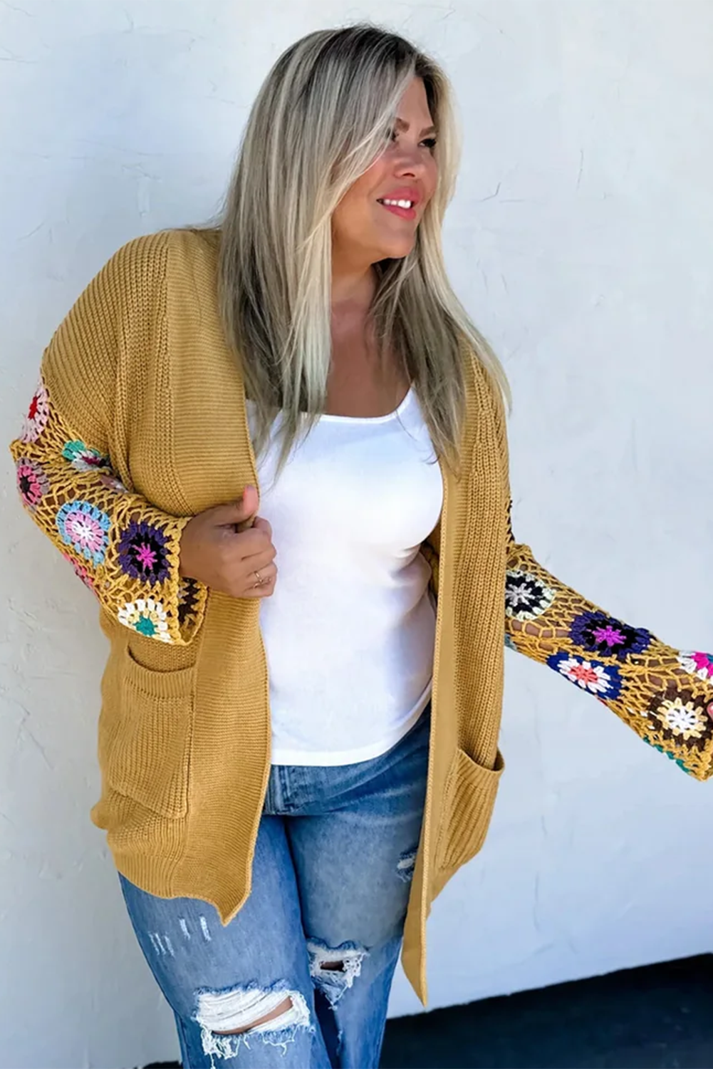 Ginger Floral Crochet Sleeve Plus Size Cardigan Sweater Plus Size JT's Designer Fashion