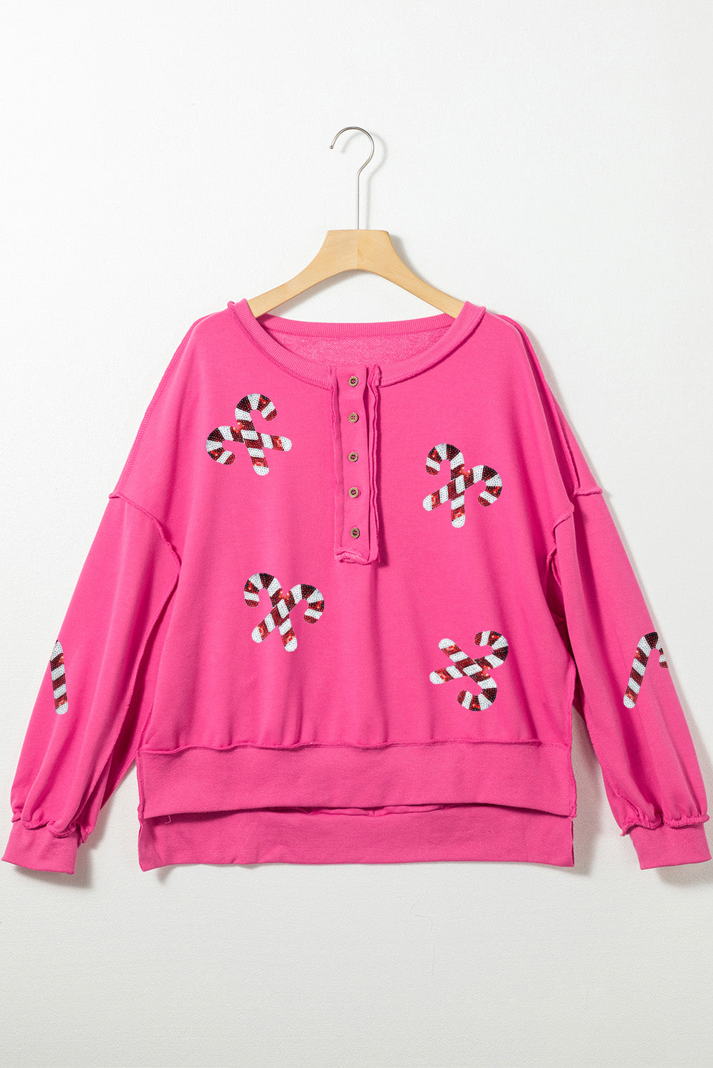 Strawberry Pink Shining Christmas Cane Graphic Henley Sweatshirt Graphic Sweatshirts JT's Designer Fashion