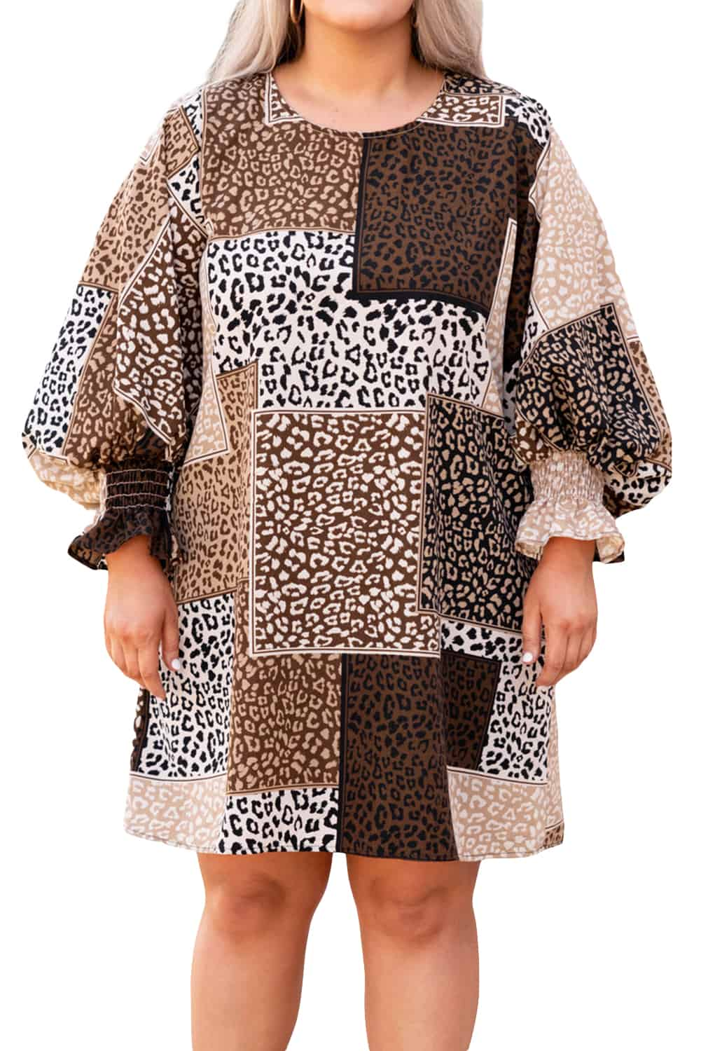 Chestnut Plus Size Mixed Leopard Print Puff Sleeve Dress Plus Size JT's Designer Fashion