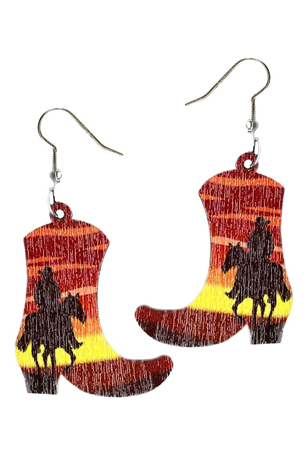 Red Cowboy Print Wooded Boots Earrings Jewelry JT's Designer Fashion