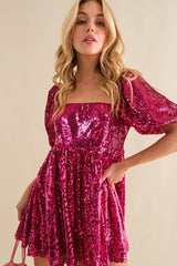 Rose Red Short Puff Sleeve Sequin Babydoll Romper Jumpsuits & Rompers JT's Designer Fashion