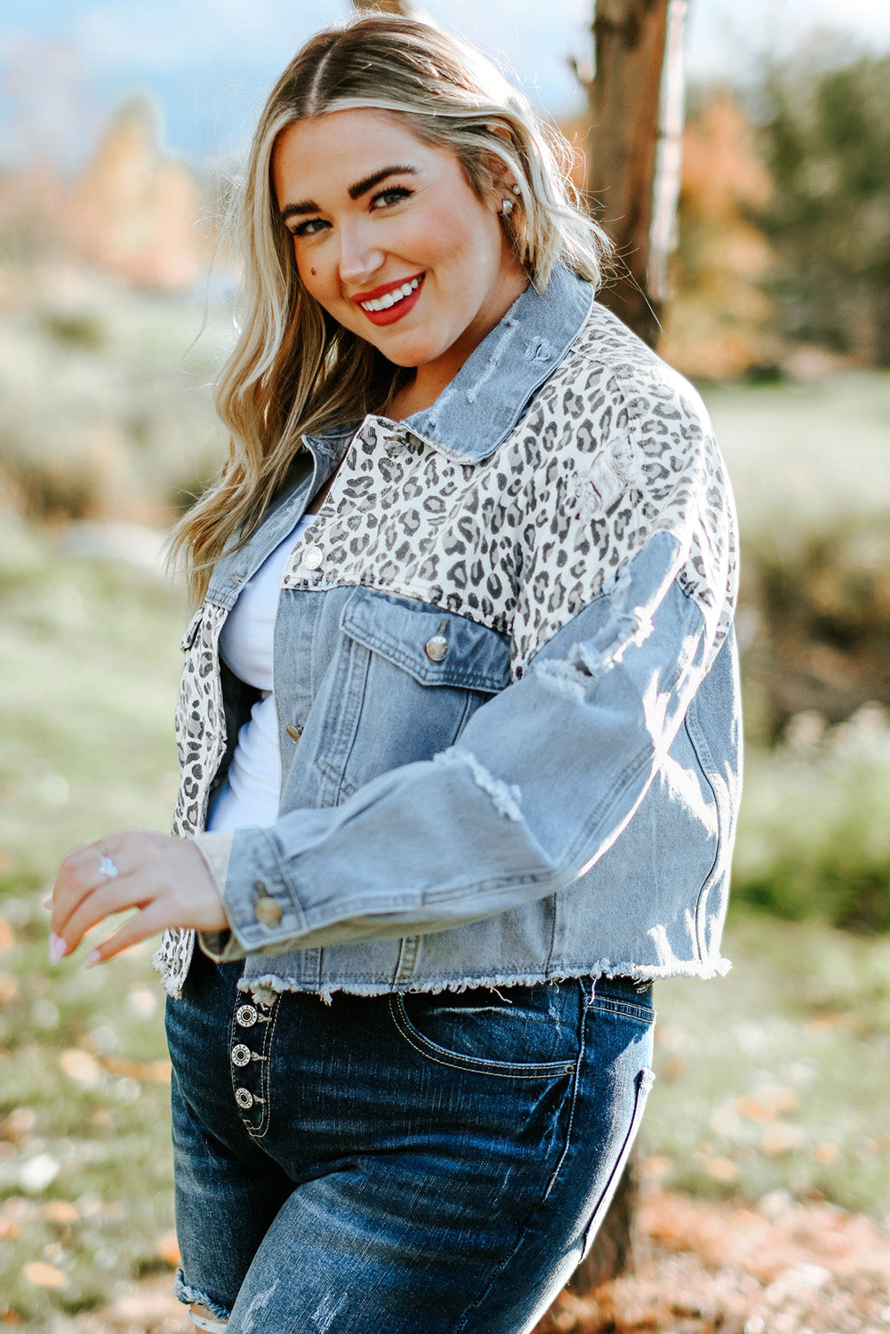 Blue Plus Size Leopard Ripped Cropped Denim Jacket Plus Size Tops JT's Designer Fashion