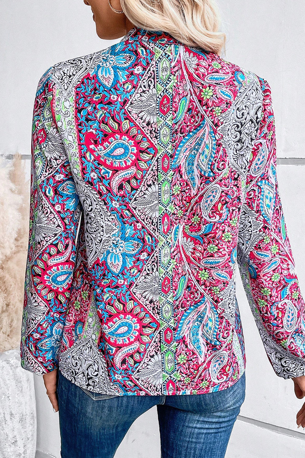 Pink Paisley Print Notched Neck Long Sleeve Blouse Tops & Tees JT's Designer Fashion