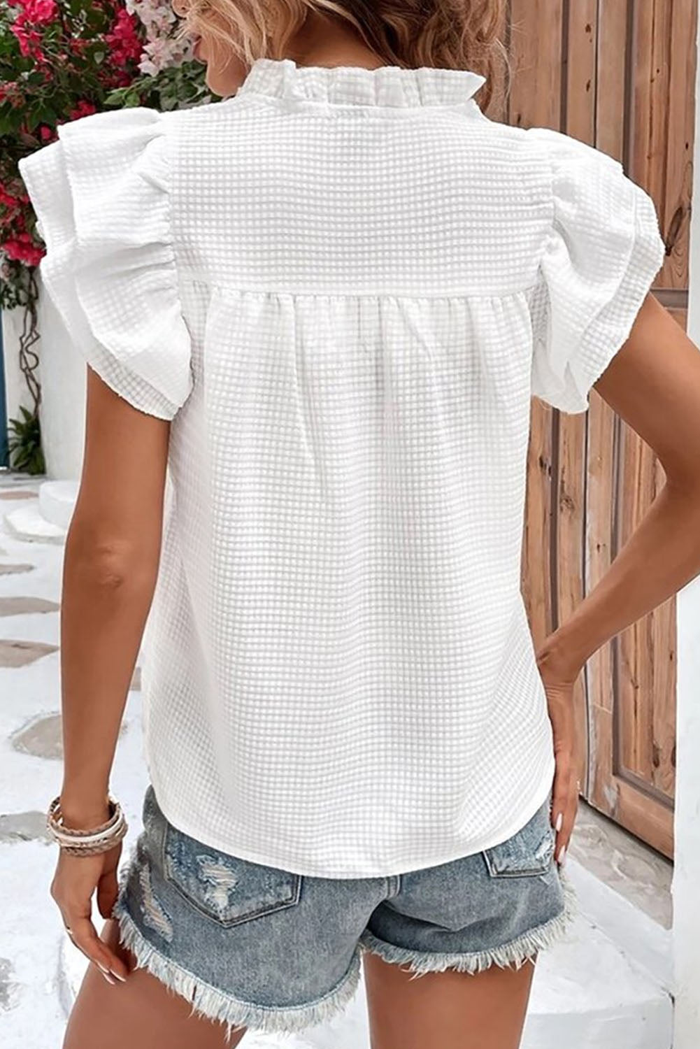 White Ruffle Accent Flutter Sleeve Notch Neck Top Tops & Tees JT's Designer Fashion