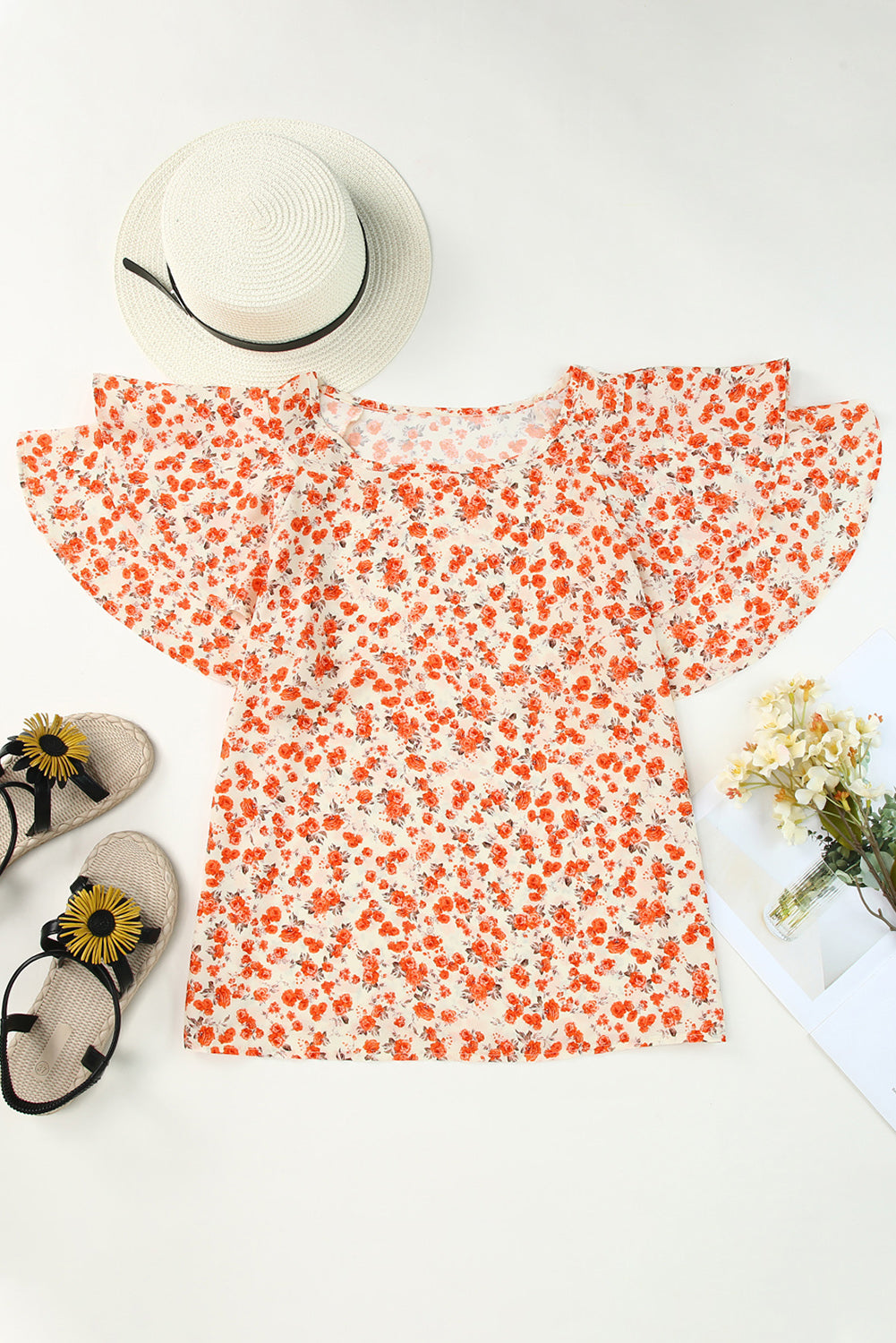 Orange Floral Tiered Flutter Sleeve Blouse Blouses & Shirts JT's Designer Fashion