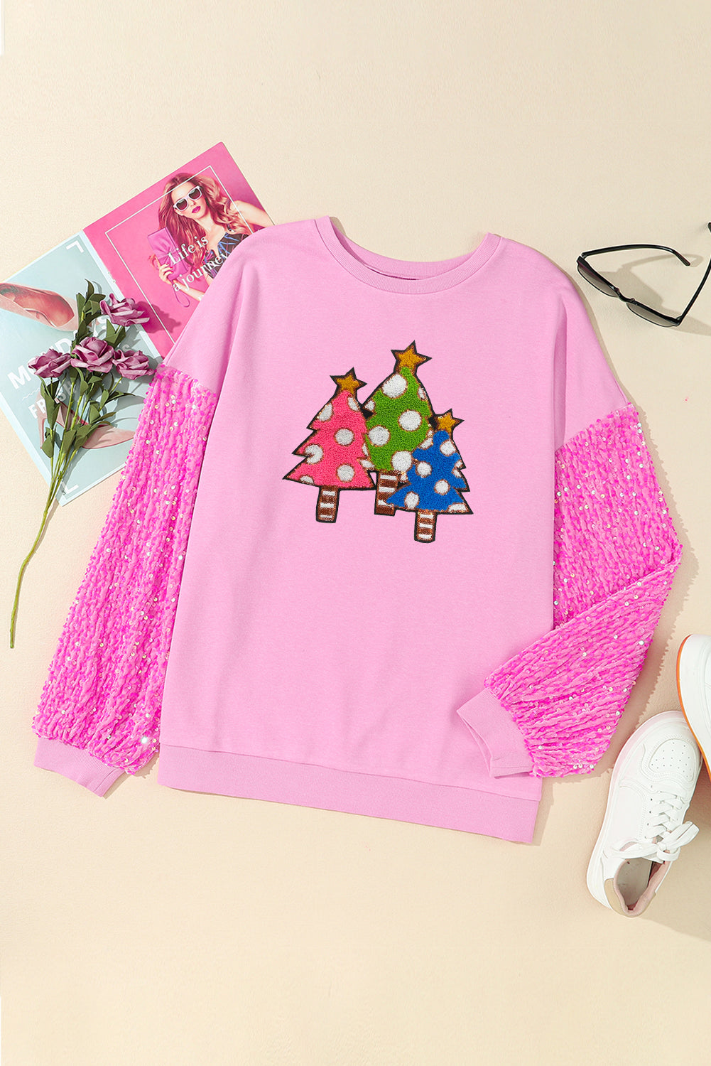 Pink Sequined Sleeve Christmas Tree Graphic Sweatshirt Graphic Sweatshirts JT's Designer Fashion