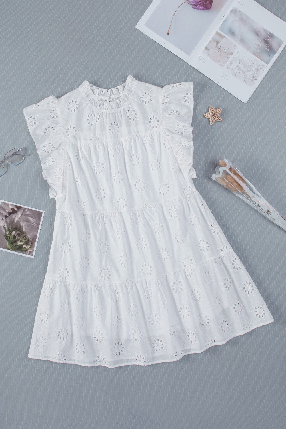 White Floral Eyelet Hollow-out Pattern Flutter Sleeve Tiered Dress Mini Dresses JT's Designer Fashion