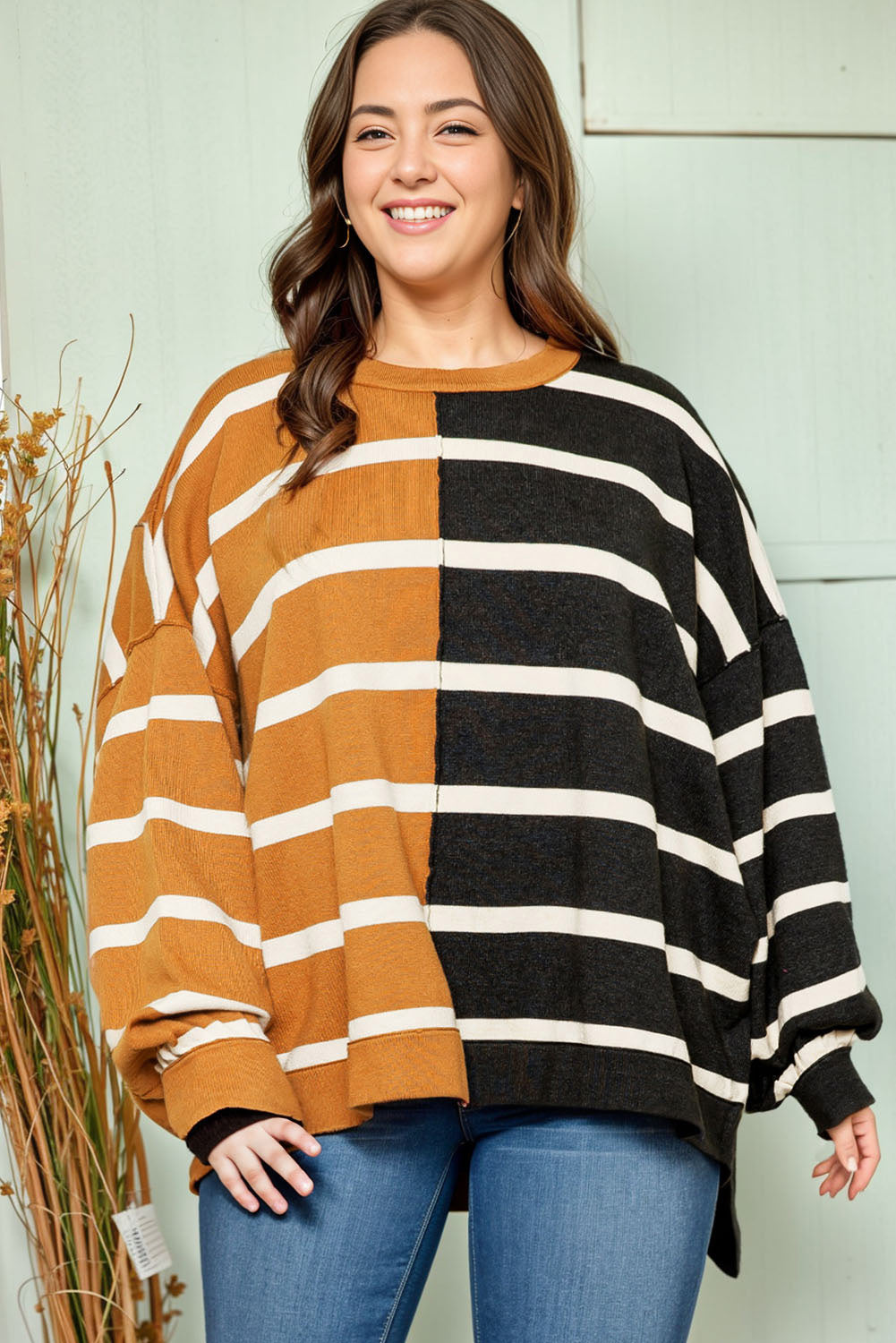 Stripes Plus Size Colorblock Striped Print Sweater Plus Size JT's Designer Fashion