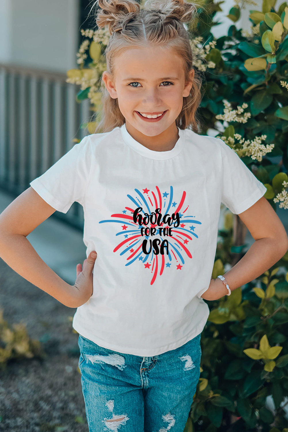 White Hoolay Of The USA Pattern Print Short Sleeve Girl's Top Family T-shirts JT's Designer Fashion