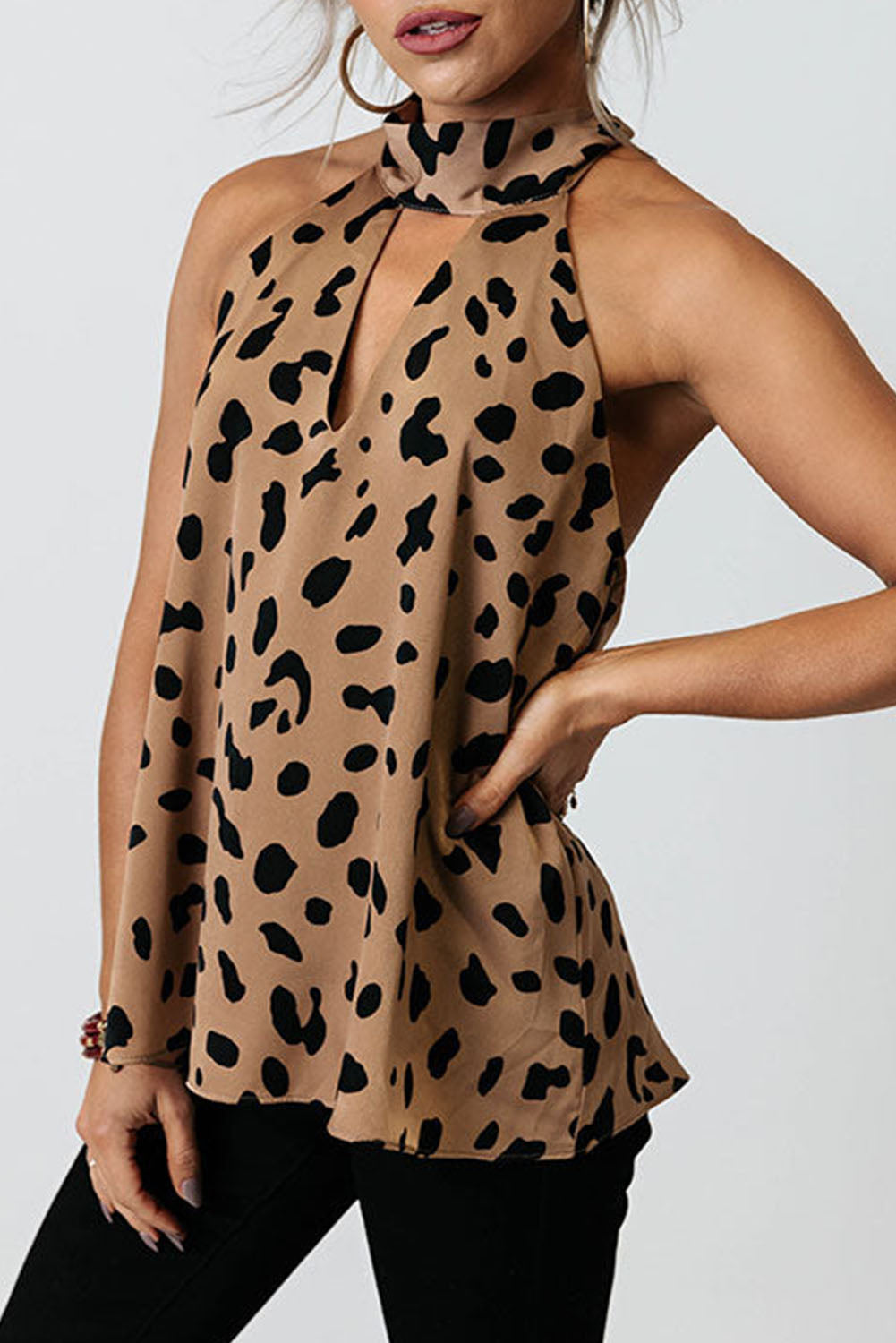 Leopard Print Keyhole Lace-up Halter Open Back Tank Top Leopard 100%Polyester Tank Tops JT's Designer Fashion