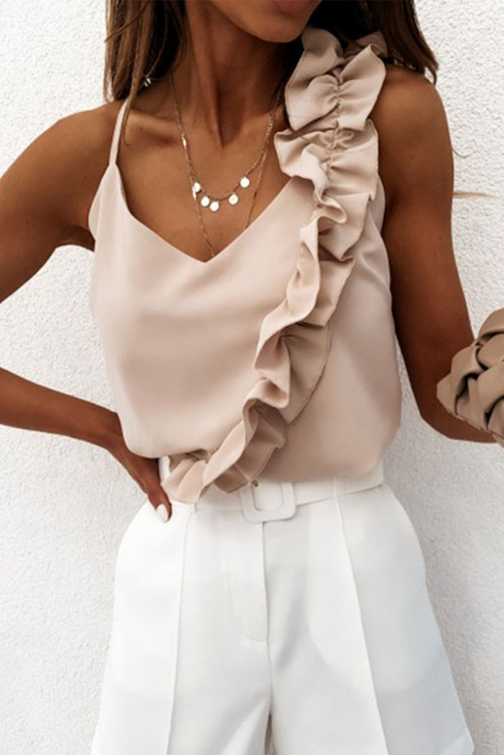 Beige Frilled Patchwork Spaghetti Strap V Neck Tank Top Beige 95%Polyester+5%Elastane Tank Tops JT's Designer Fashion