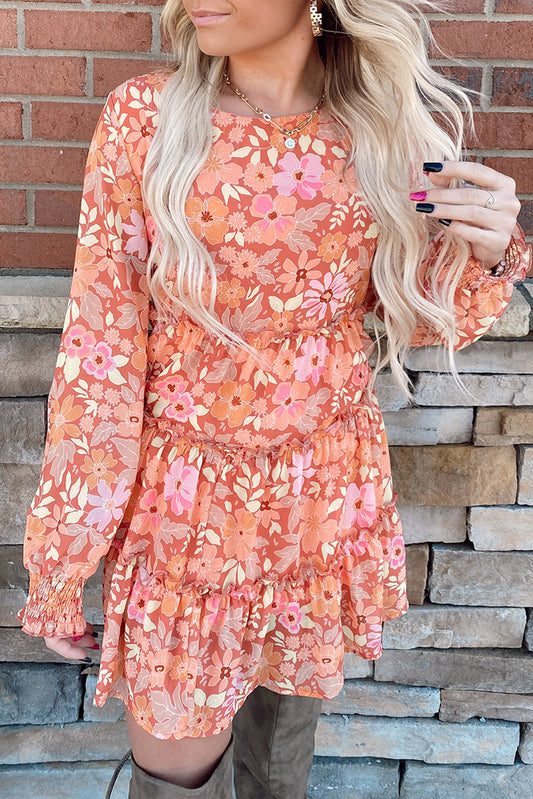 Printed Floral Long Sleeve Frill Tiered Mini Dress Dresses JT's Designer Fashion