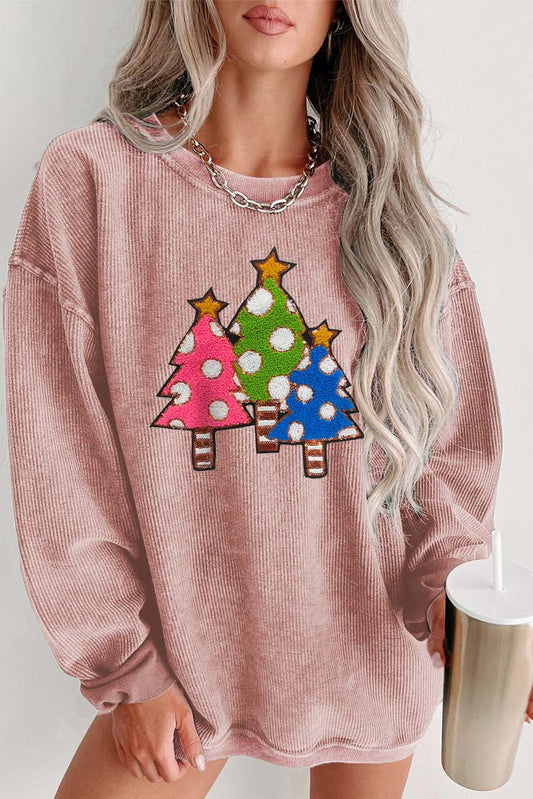 Pink Vintage Wash Sequined Christmas Tree Corded Sweatshirt Pink 100%Polyester Graphic Sweatshirts JT's Designer Fashion