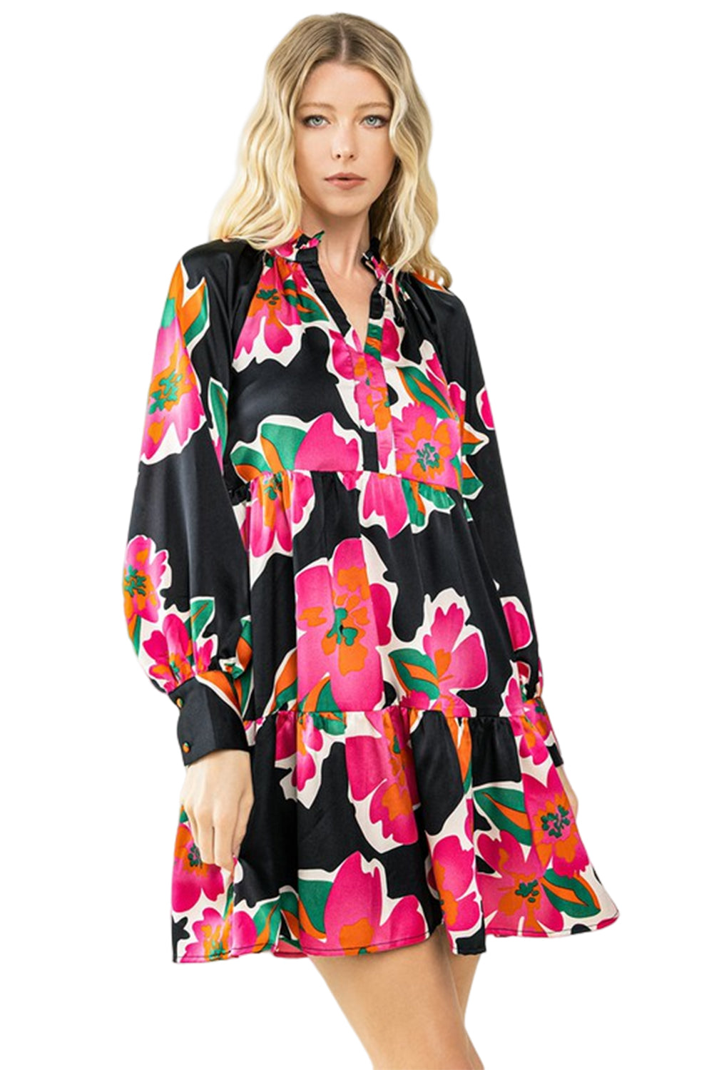 Multicolour Frill Collar Split Neck Long Sleeve Floral Dress Floral Dresses JT's Designer Fashion