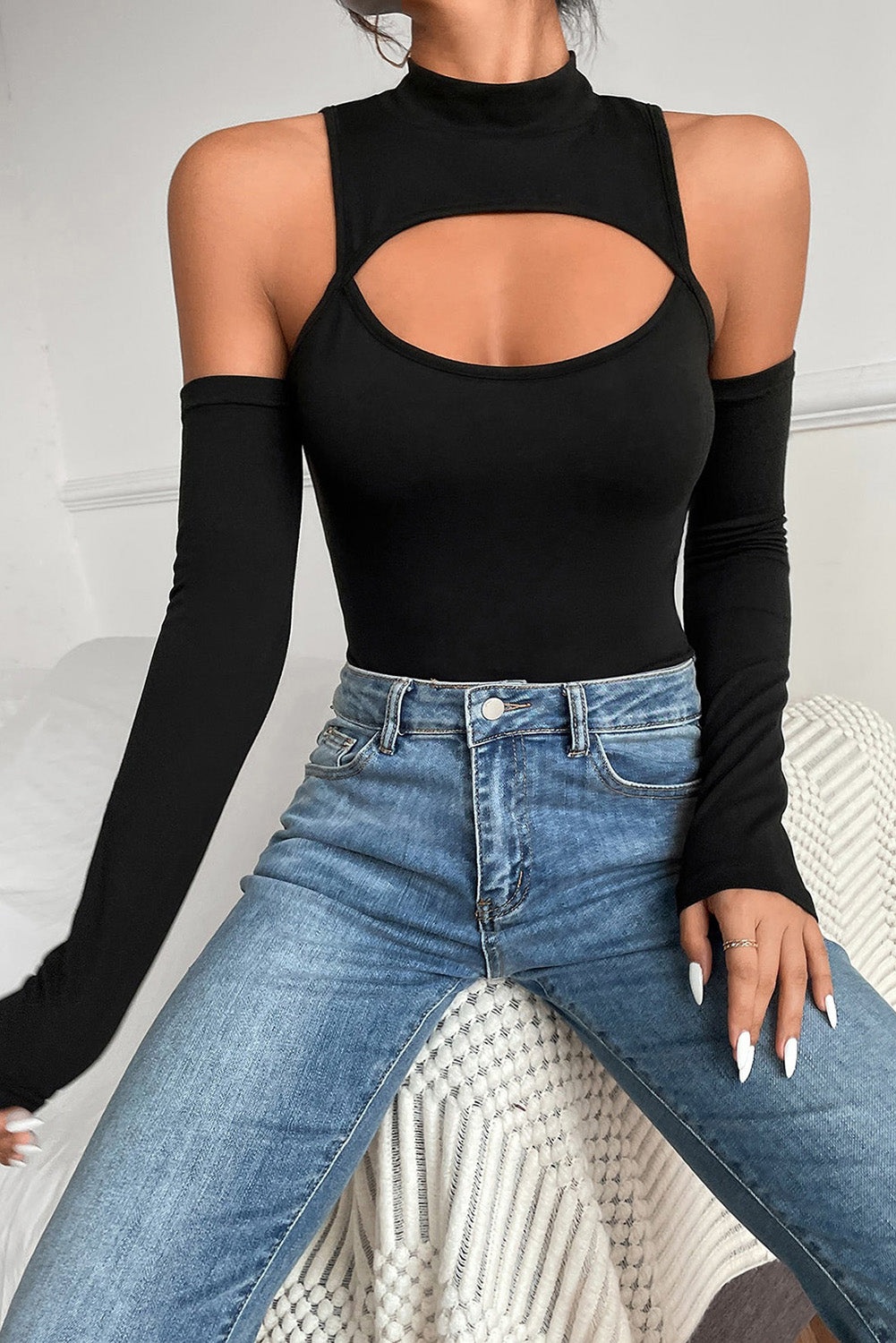 Black High Neck Cut Out Front Bodysuit Bodysuits JT's Designer Fashion