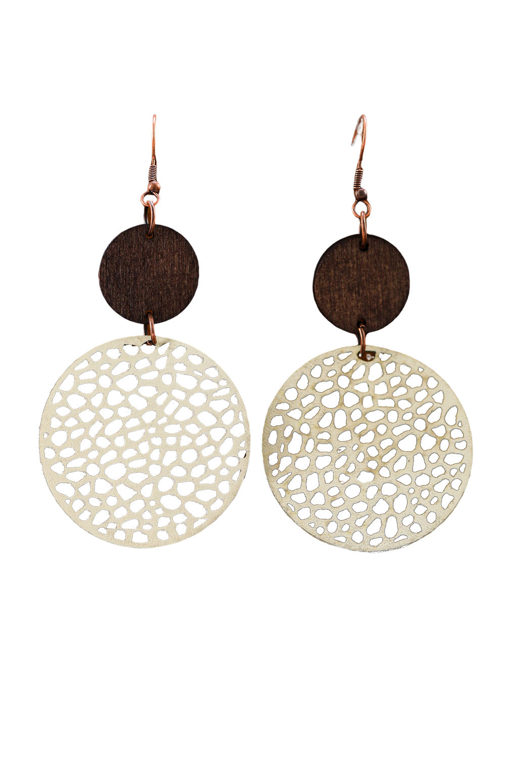 Beige Hollow Out Wooden Round Drop Earrings Jewelry JT's Designer Fashion