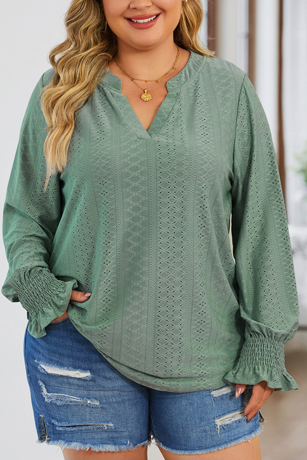 Green Eyelet Embroidered Split Neck Flounce Sleeve Curvy Top Plus Size JT's Designer Fashion