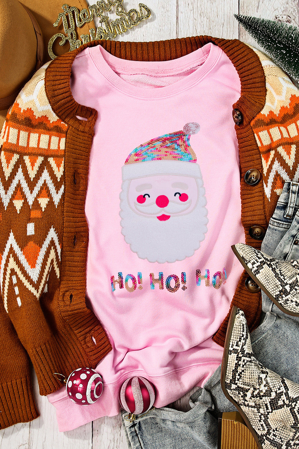 Pink HO HO HO Sequined Santa Claus Sweatshirt Graphic Sweatshirts JT's Designer Fashion