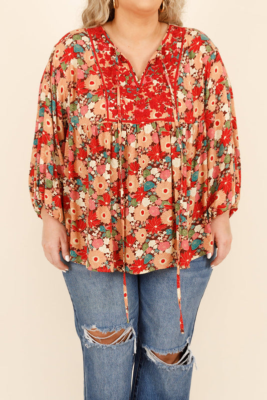 Clay Red Floral Embroidered Drawstring V Neck Plus Size Blouse Plus Size JT's Designer Fashion