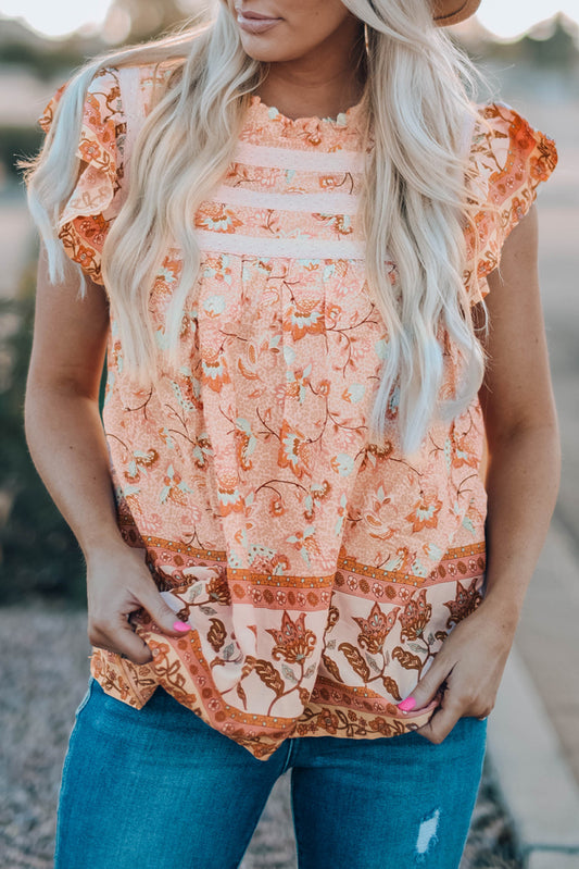 Orange Floral Print Ruffled Crew Neck Sleeveless Top Orange 100%Viscose Tank Tops JT's Designer Fashion