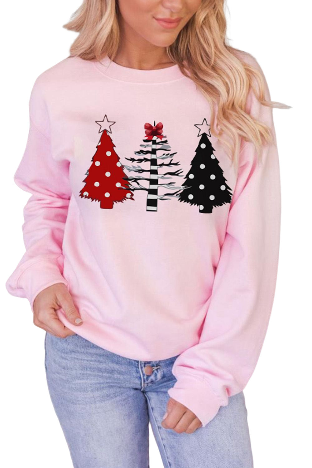 Pink Christmas Tree Graphic Print Pullover Sweatshirt Graphic Sweatshirts JT's Designer Fashion