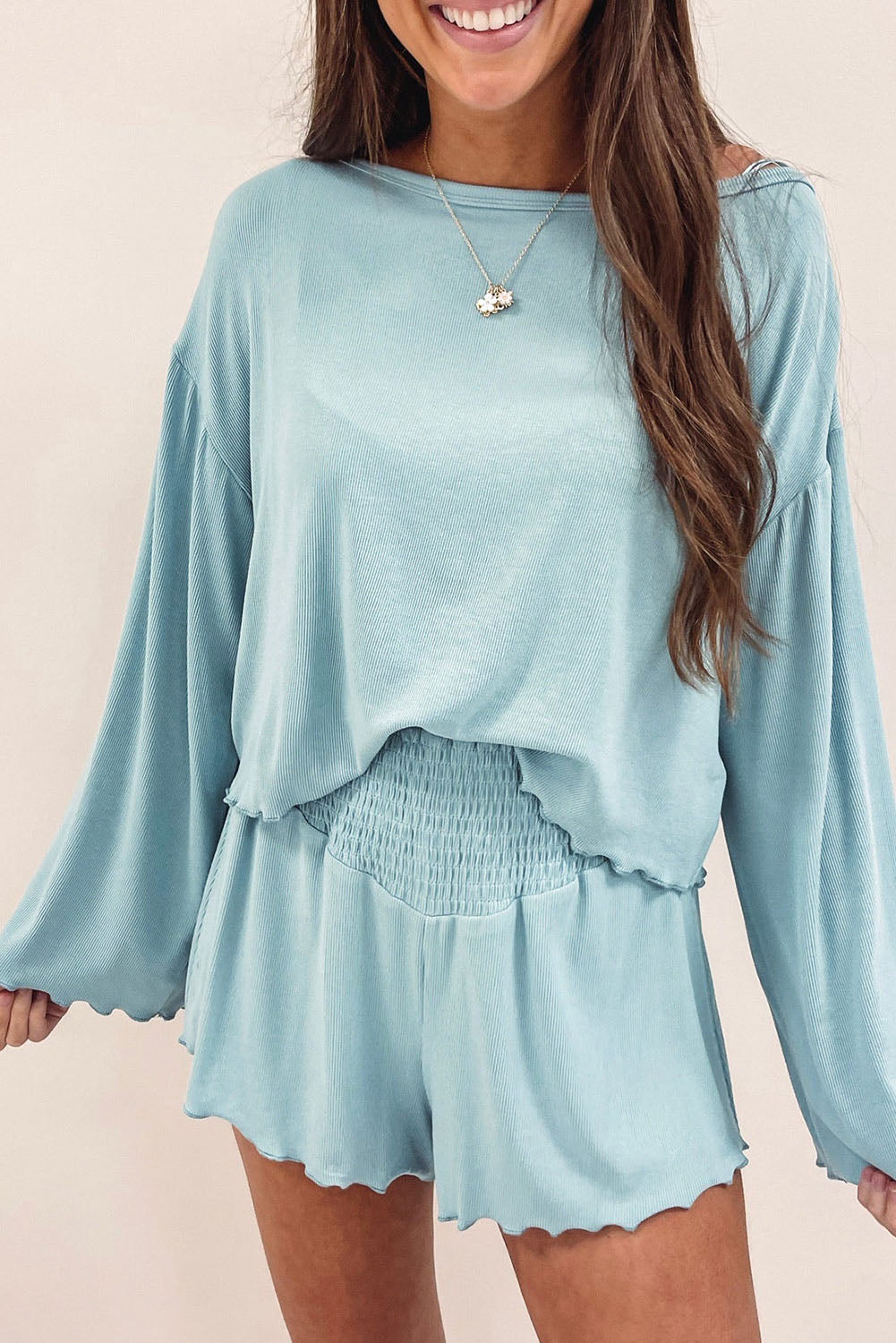 Sky Blue Long Sleeve Shirred High Waist Two Piece Lounge Set Loungewear JT's Designer Fashion