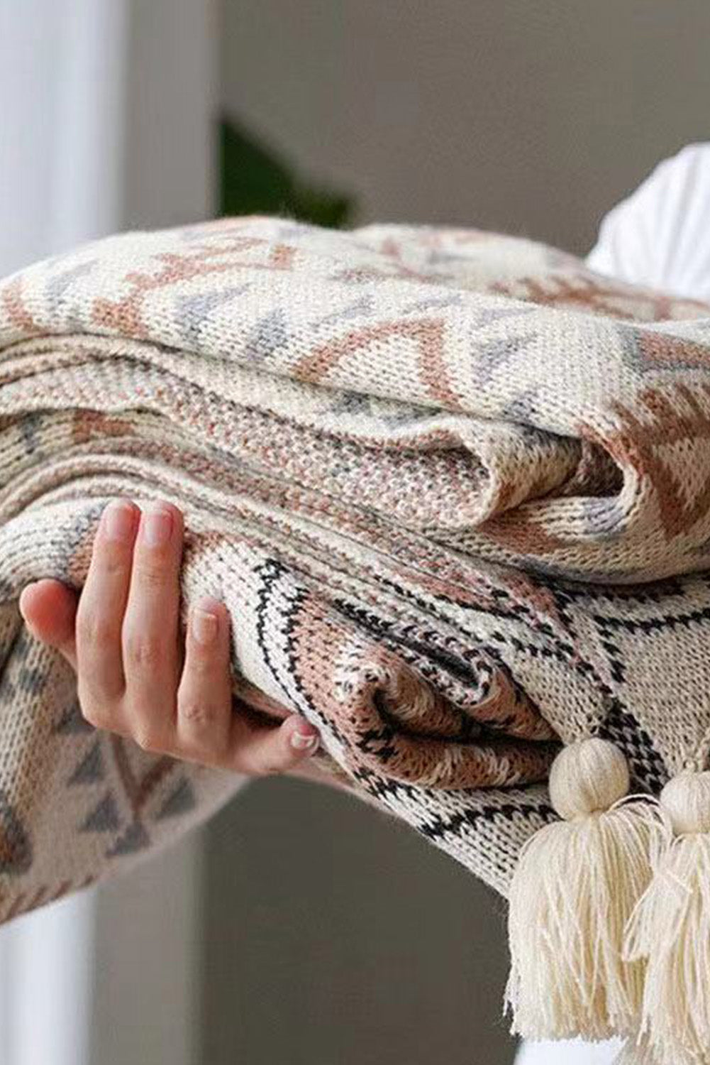 Beige Boho Geometric Knitted Tasseled Throw Blanket 127*170cm Other Accessories JT's Designer Fashion