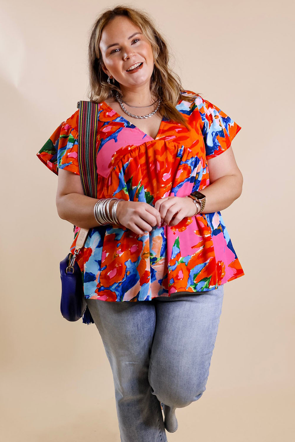 Red Abstract Floral Print V Neck Plus Blouse Plus Size JT's Designer Fashion