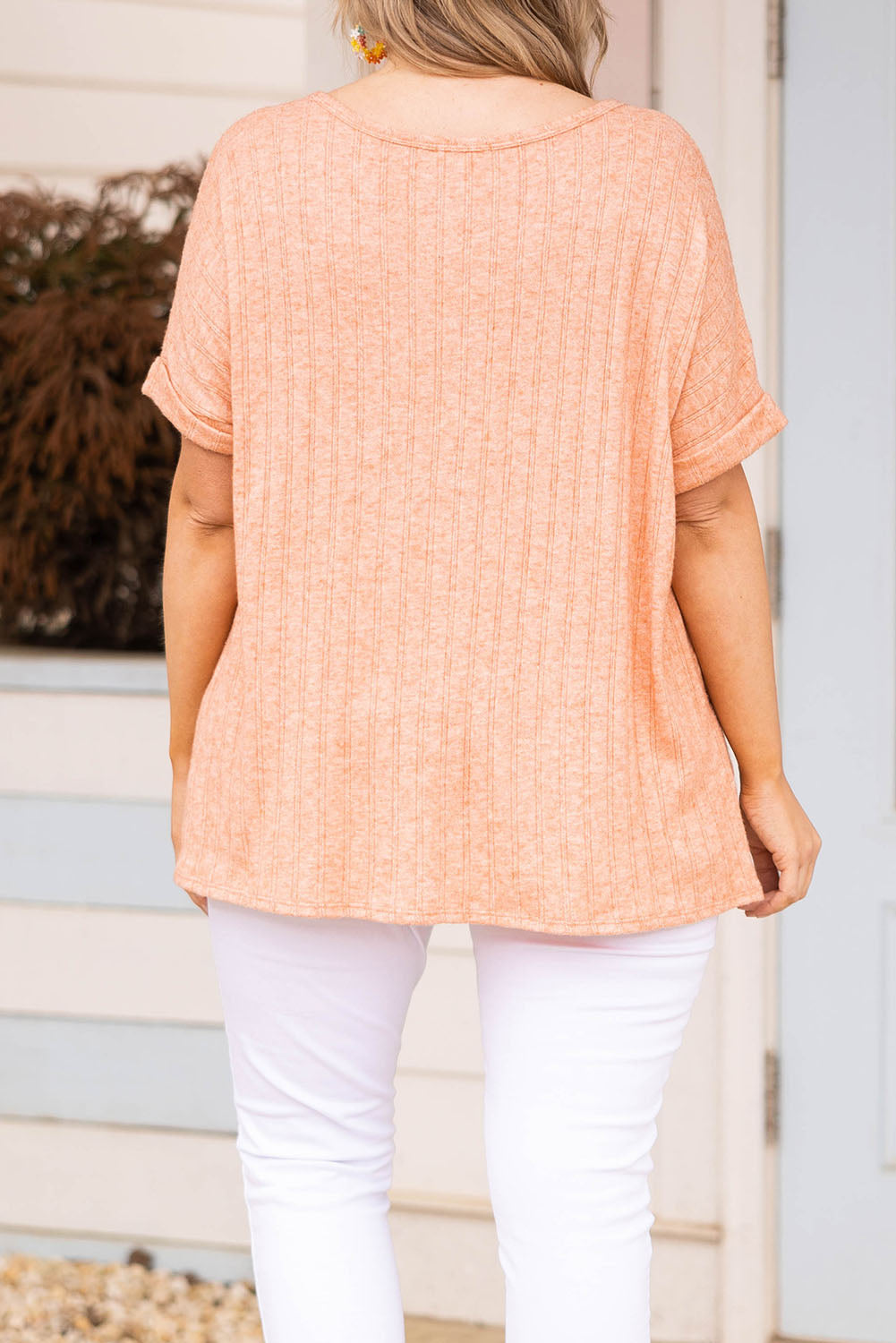 Orange Plus Size Cuffed Short Sleeve Knit Top with Pockets Plus Size JT's Designer Fashion