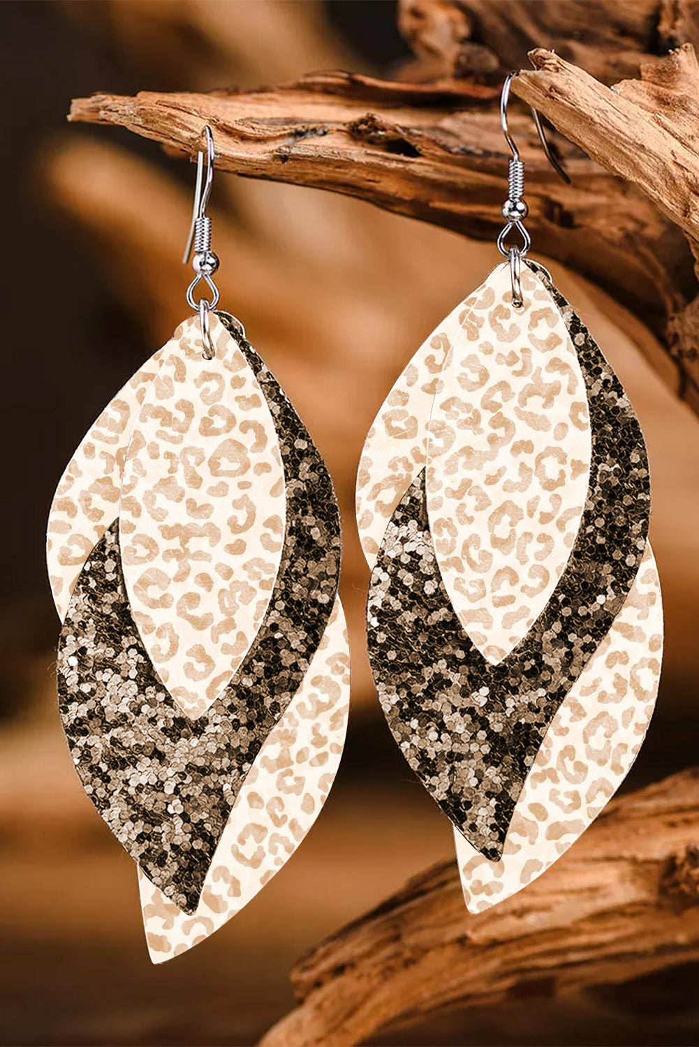 Leopard Sequin Leafy Layered Hook Earrings Jewelry JT's Designer Fashion