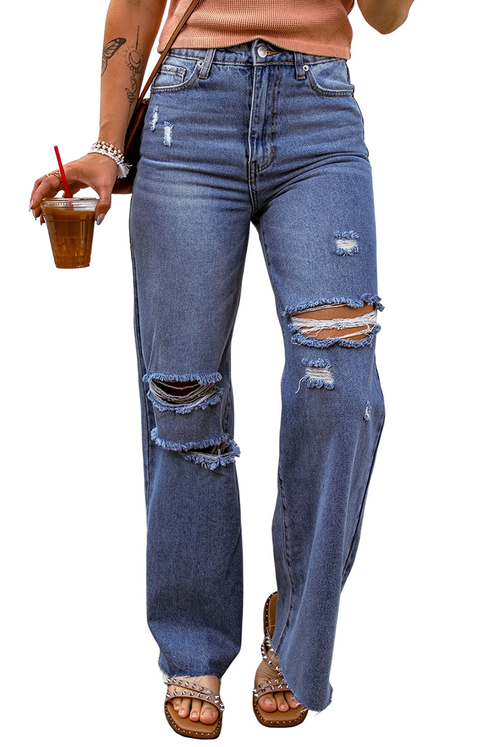 Blue Distressed High Waist Straight Leg Jeans Jeans JT's Designer Fashion