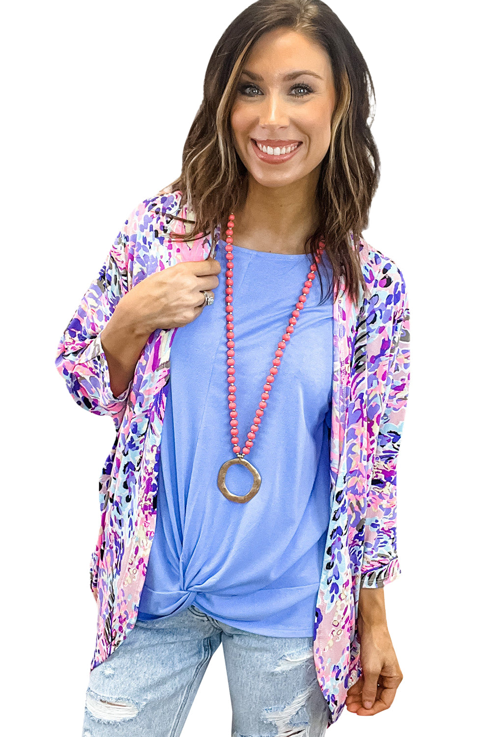 Multicolor Abstract Floral Print Lightweight Kimono Kimonos JT's Designer Fashion