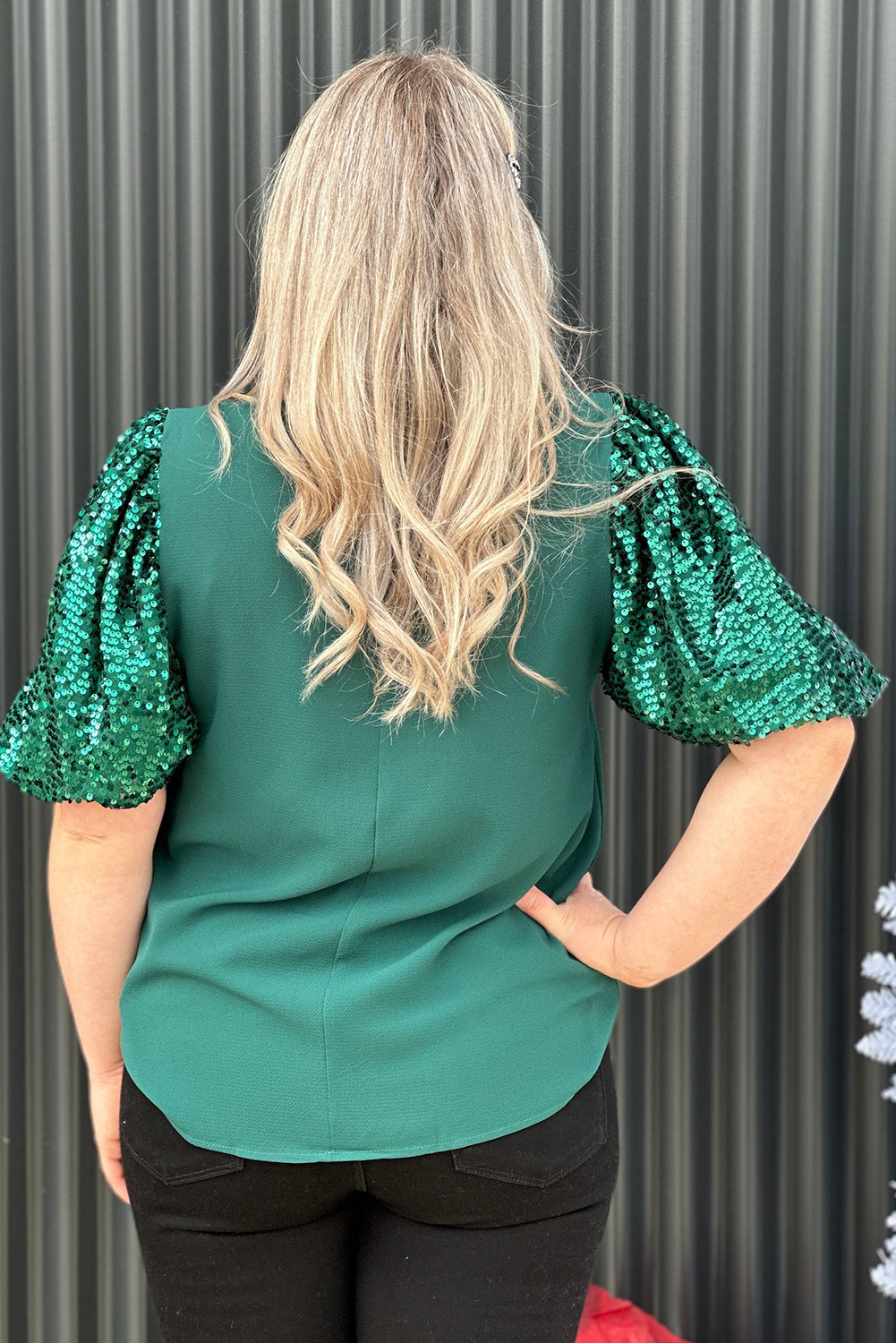 Blackish Green Sequin Short Puff Sleeve Top Plus Size JT's Designer Fashion