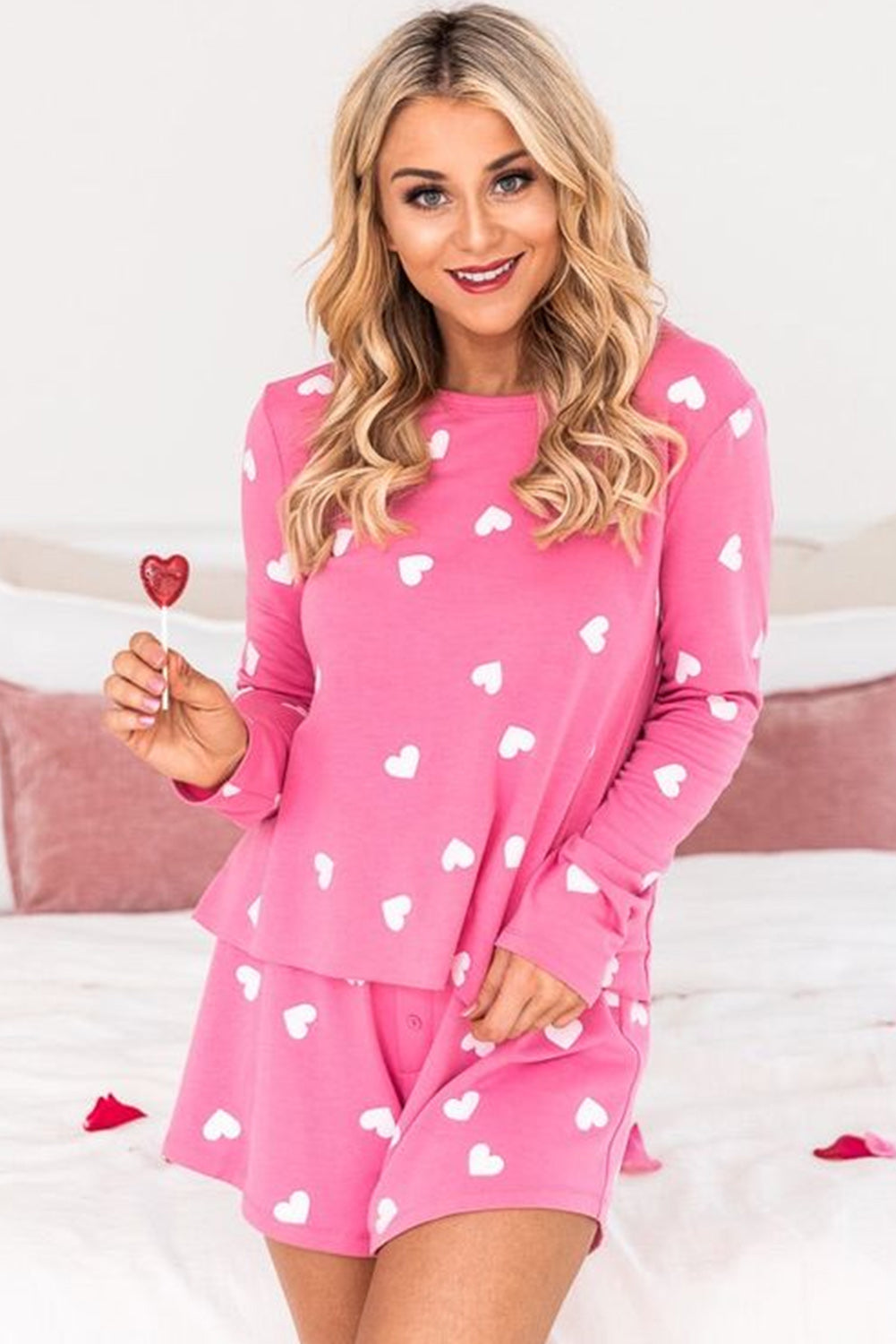 Pink Valentine Heart Print 2pc Shorts Lounge Set Loungewear JT's Designer Fashion