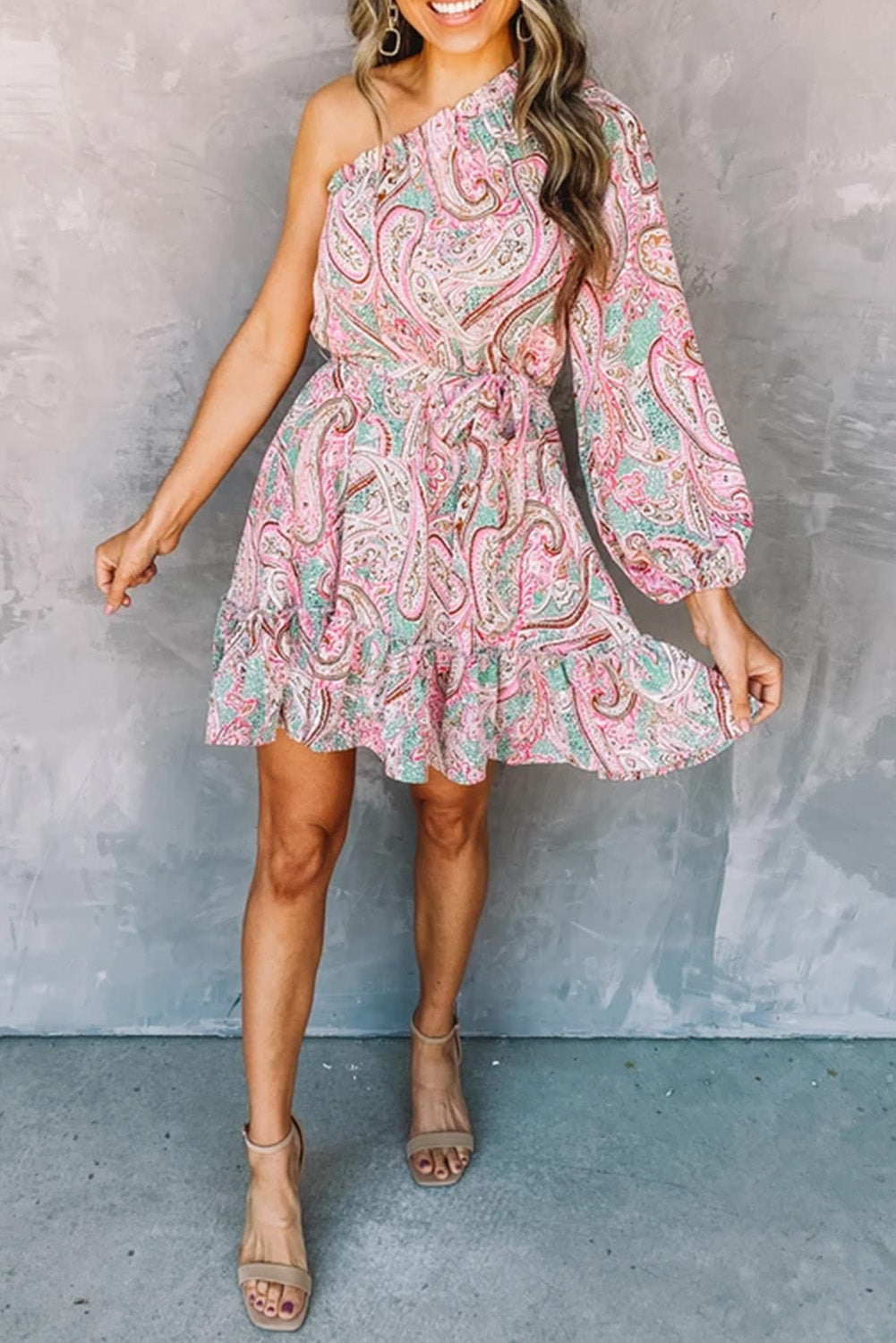 Pink Paisley Print One Shoulder Lace-up High Waist Mini Dress Mini Dresses JT's Designer Fashion