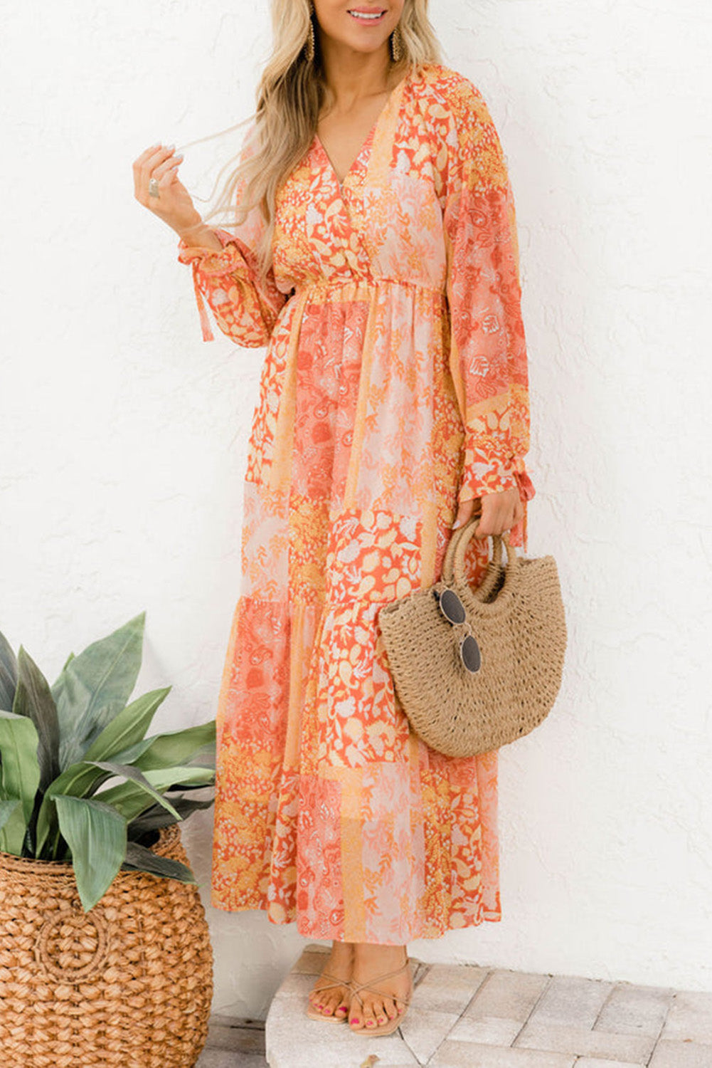 Orange Boho Floral Wrap V Neck Tie Long Sleeve Dress Dresses JT's Designer Fashion