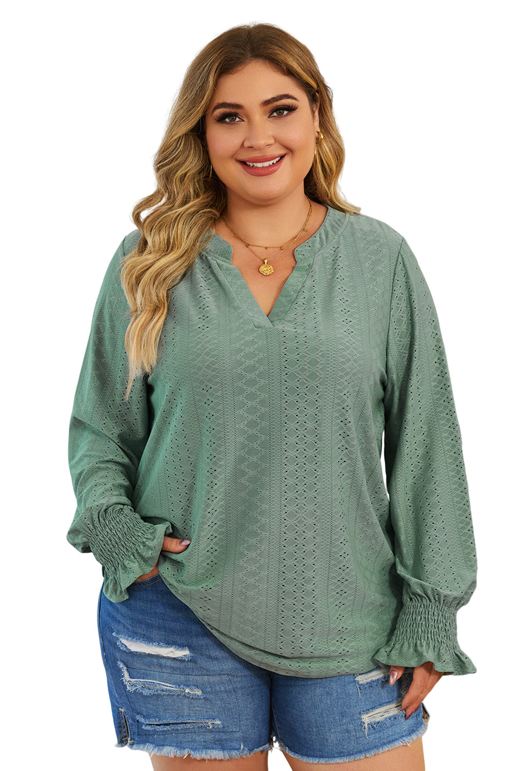 Green Eyelet Embroidered Split Neck Flounce Sleeve Curvy Top Plus Size JT's Designer Fashion