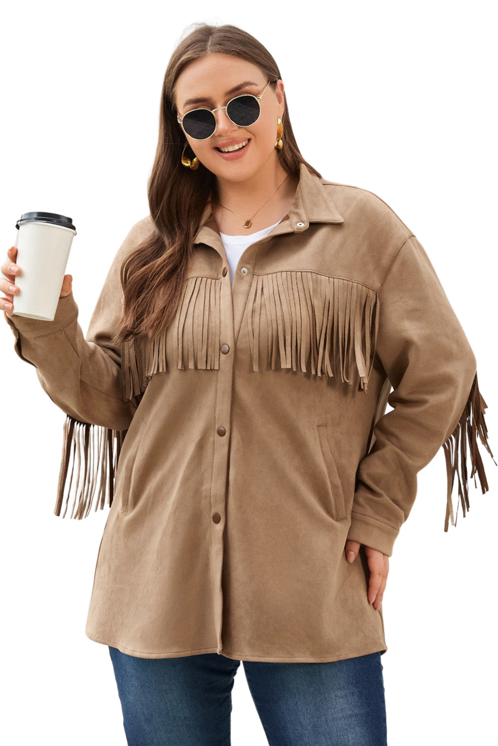 Khaki Fringe Trim Plus Size Suede Shacket Plus Size JT's Designer Fashion