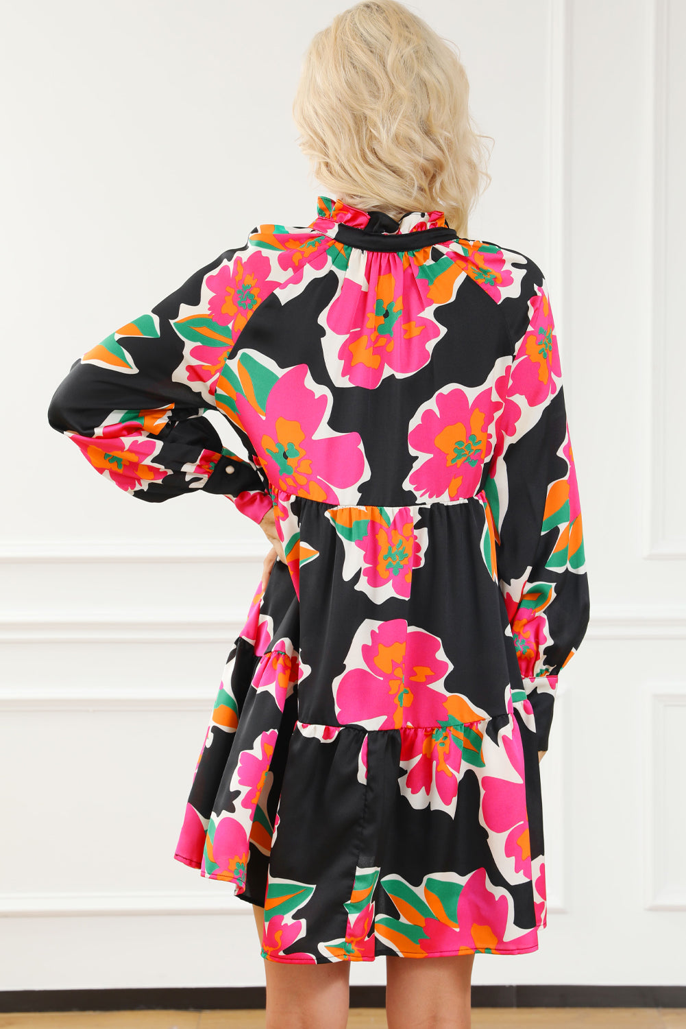 Multicolour Frill Collar Split Neck Long Sleeve Floral Dress Floral Dresses JT's Designer Fashion