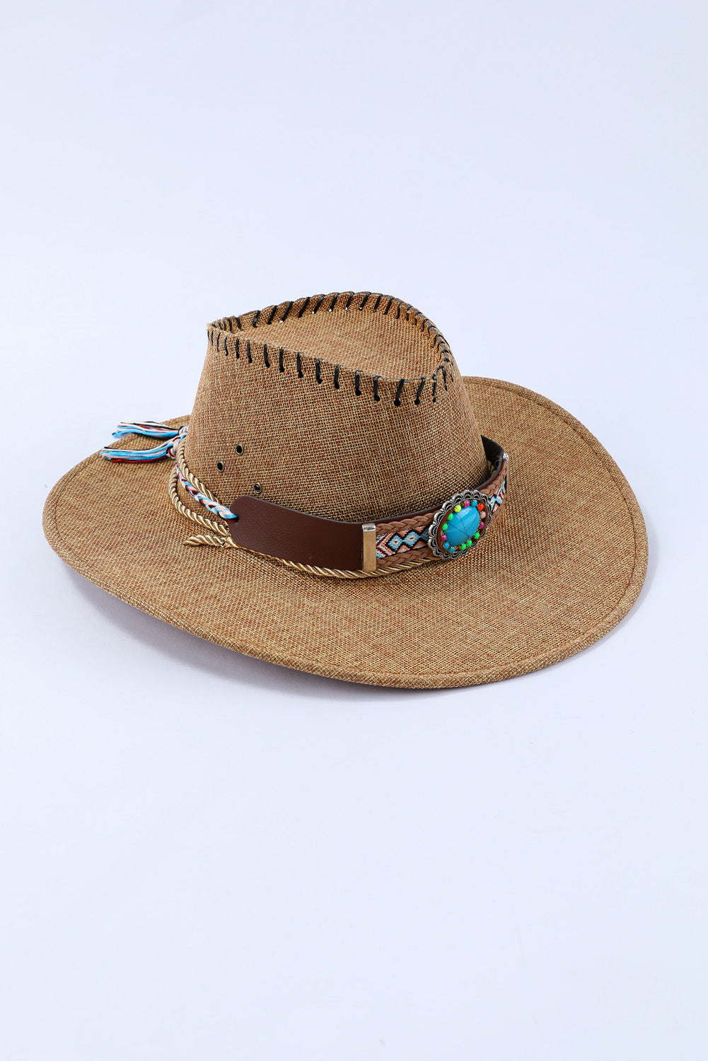 Khaki Turquoise Woven Decor Western Cowboy Jazz Hat Hats & Caps JT's Designer Fashion