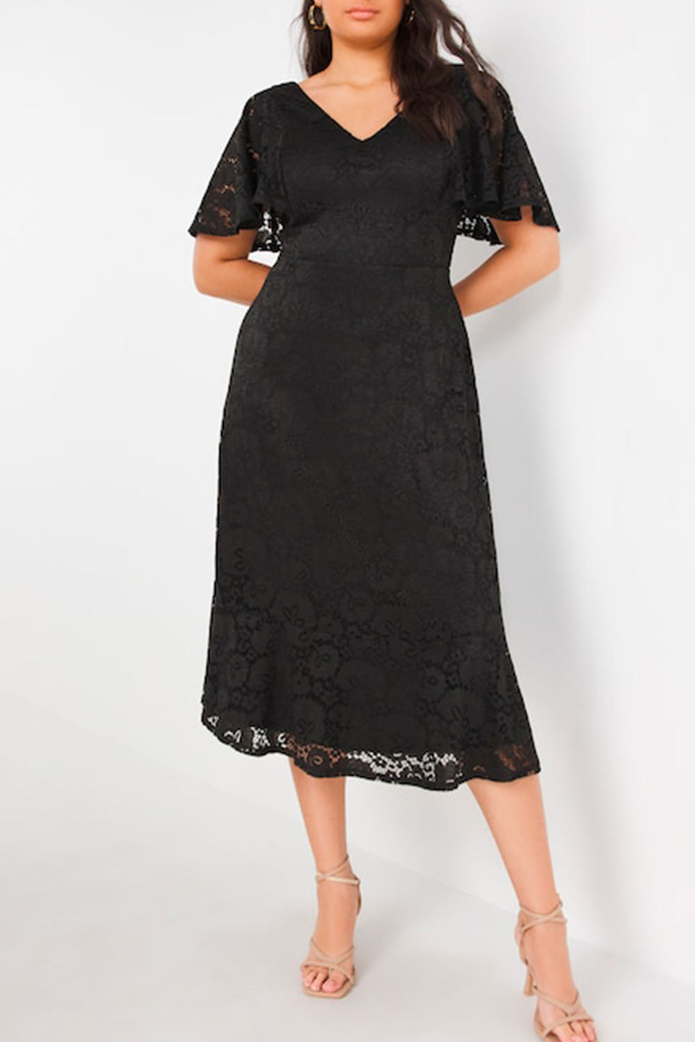 Black Plus Size Lace Flutter Sleeves Flare Midi Dress Plus Size JT's Designer Fashion