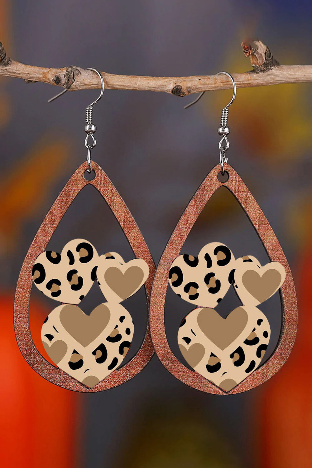 Coffee Leopard Heart Shape Hollowed Drop Earrings Jewelry JT's Designer Fashion