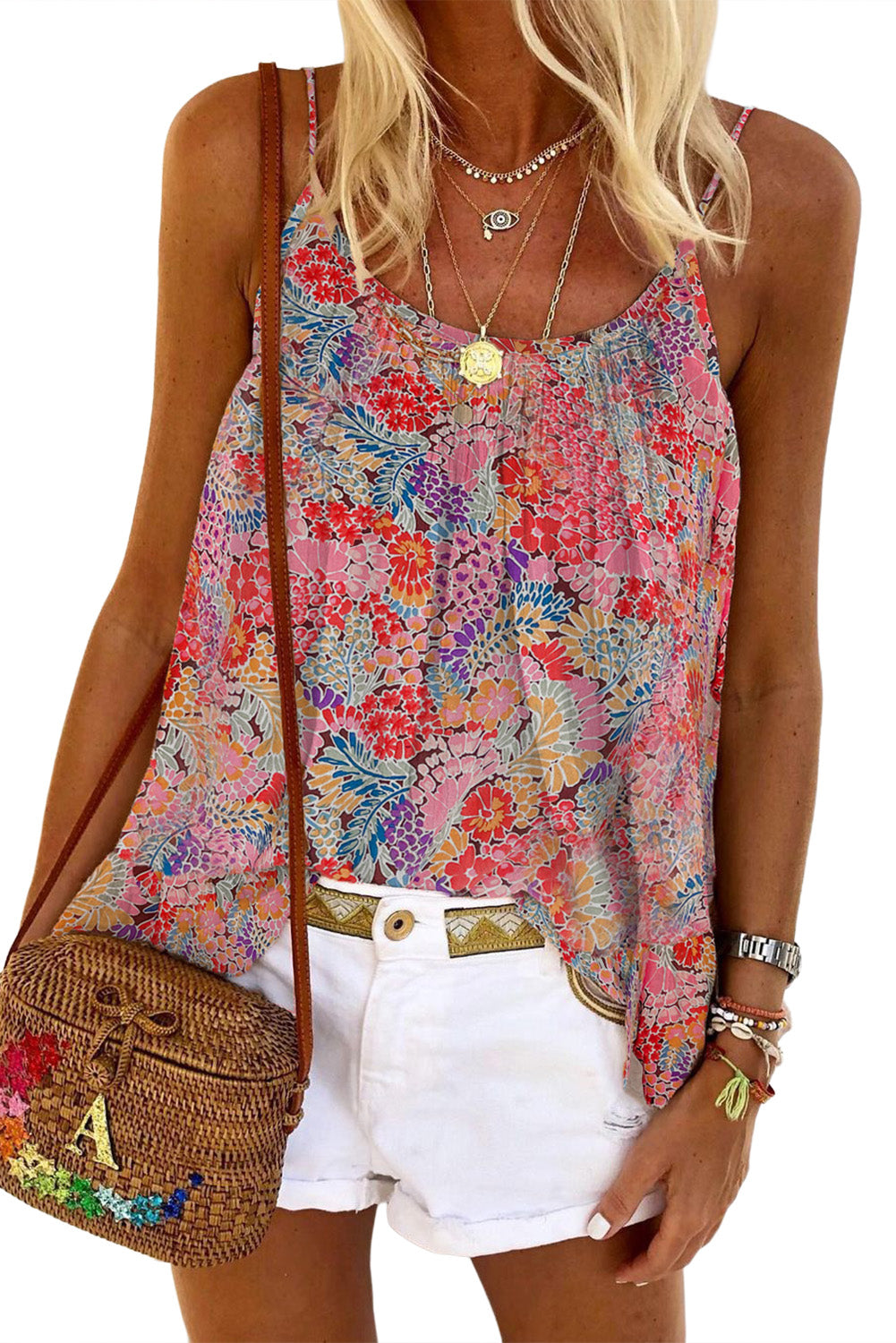 Multicolor Spaghetti Straps Floral Print Sleeveless Top Tank Tops JT's Designer Fashion