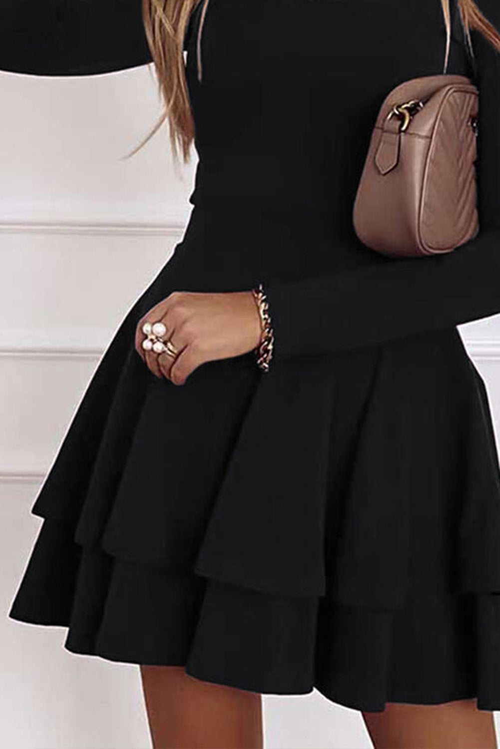 Long Sleeve V Neck Tiered Ruffle A-line Mini Dress Mini Dresses JT's Designer Fashion